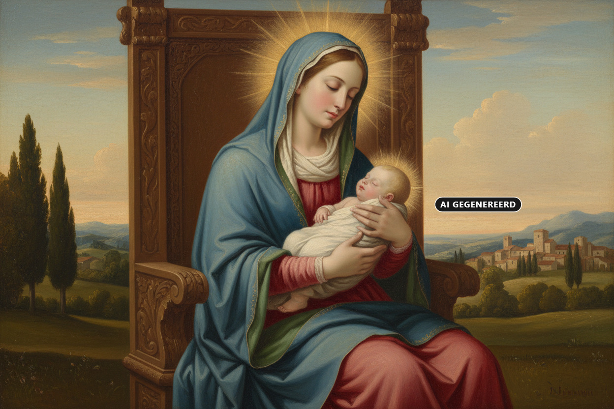 Een klassiek schilderij toont Maria zittend op een houten troon terwijl ze het slapende kindje Jezus vasthoudt tegen een landelijke achtergrond. (AI-gegenereerd)